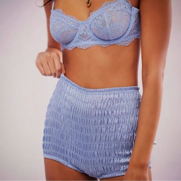 Free People Intimately Ruched Silky Shorties Short Blue Stretch Sz Small NEW - Picture 2 of 6